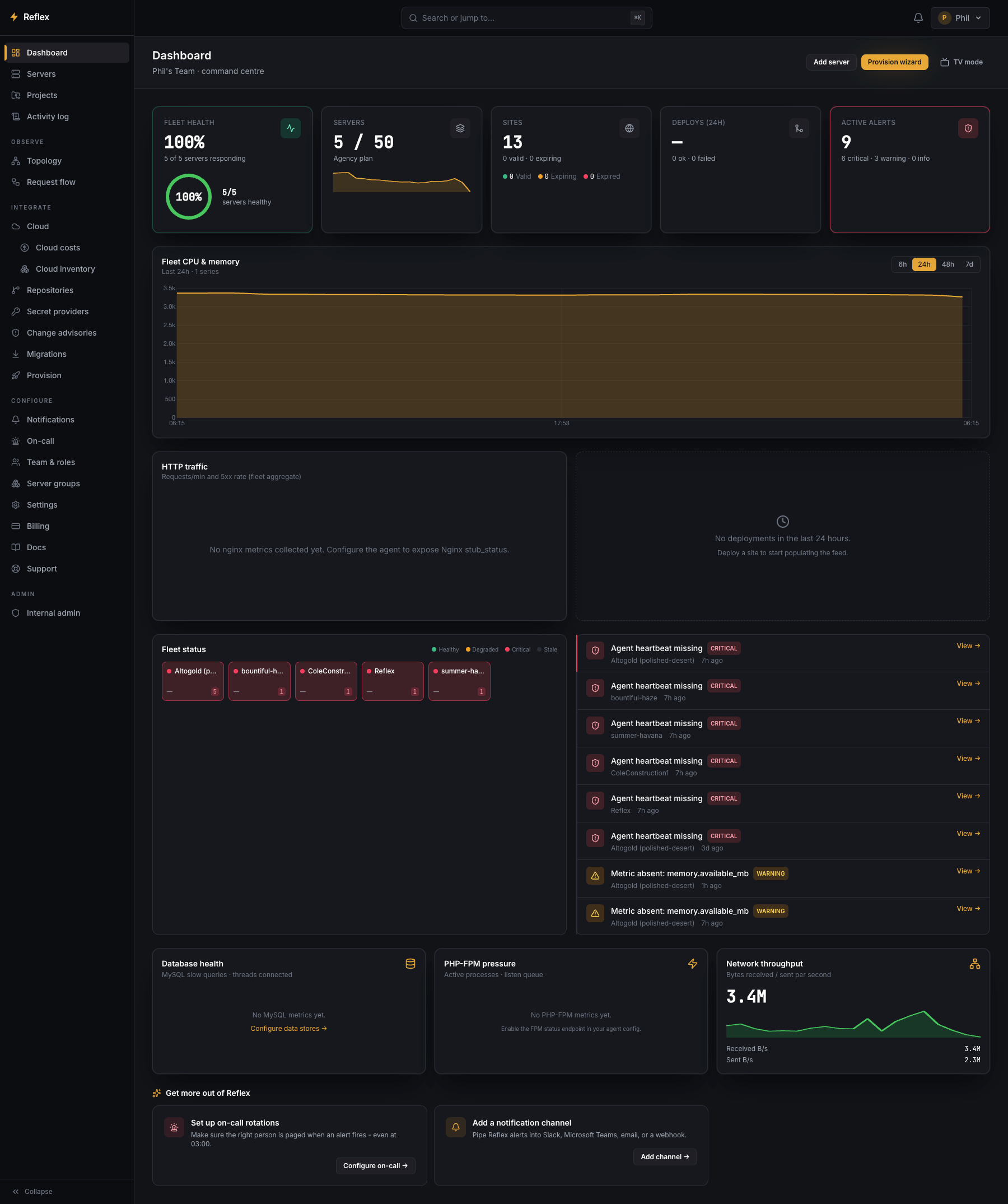 Reflex Linux server monitoring dashboard showing fleet health, alerts, and automated repair playbooks